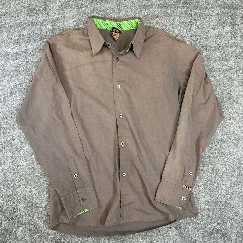 Vintage Split Mens Long Sleeve Button Down Shirt Brown Green Trim Skater Large